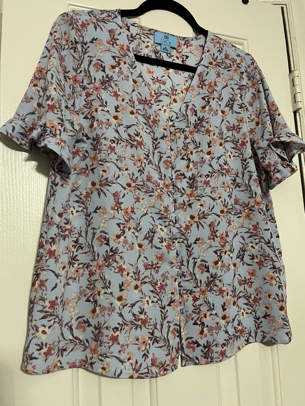 CeCe Light Blue Floral V-Neck Blouse
